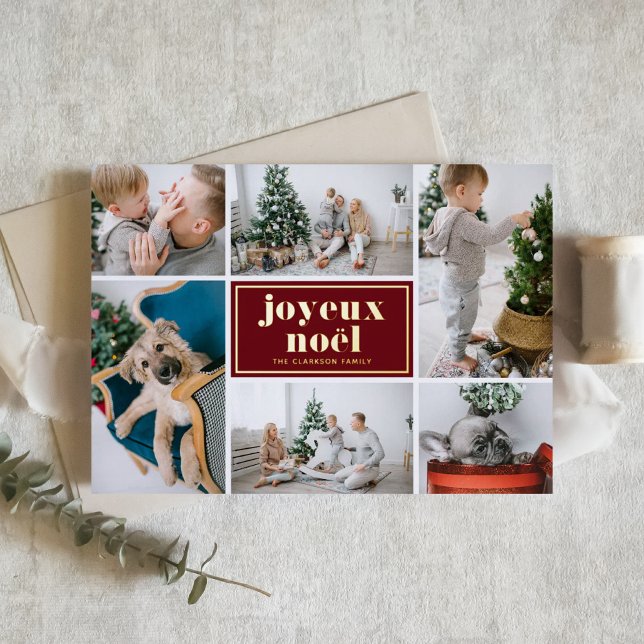 Red Joyeux Noël Retro Typography Photo Collage Foil Holiday Card (Customizable burgundy photo collage holiday card featuring joyeux noël in gold foil.)
