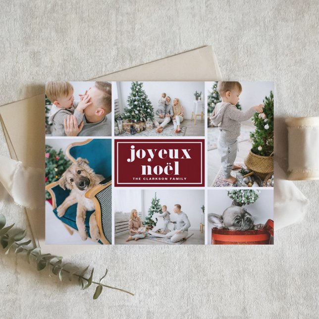 Red Joyeux Noël Retro Typography Photo Collage Holiday Card (Customizable photo collage holiday card featuring joyeux noël in retro bold typography.)