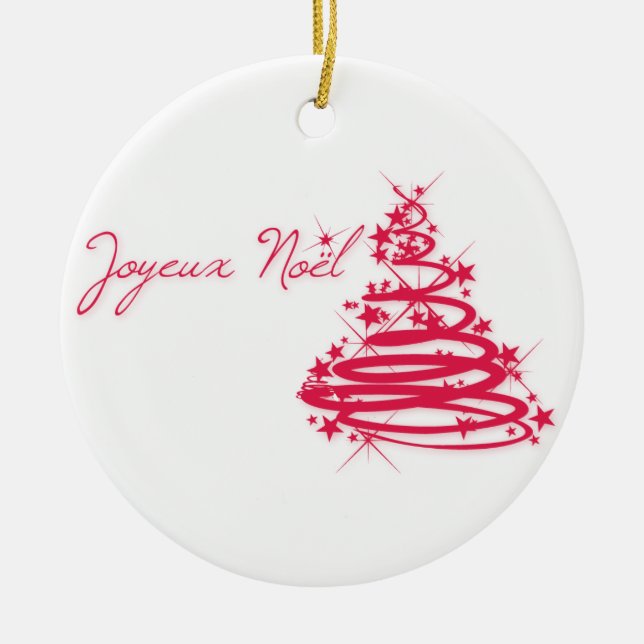 Red Joyeux Noël with Christmas Tree Ceramic Ornament (Front)