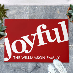 Red Joyful Bold Typography Christmas Welcome Name Doormat