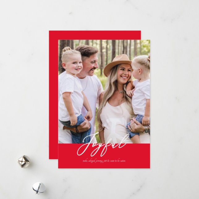 Red Joyful Family Photo Christmas Rounded Holiday Card (Front/Back In Situ)