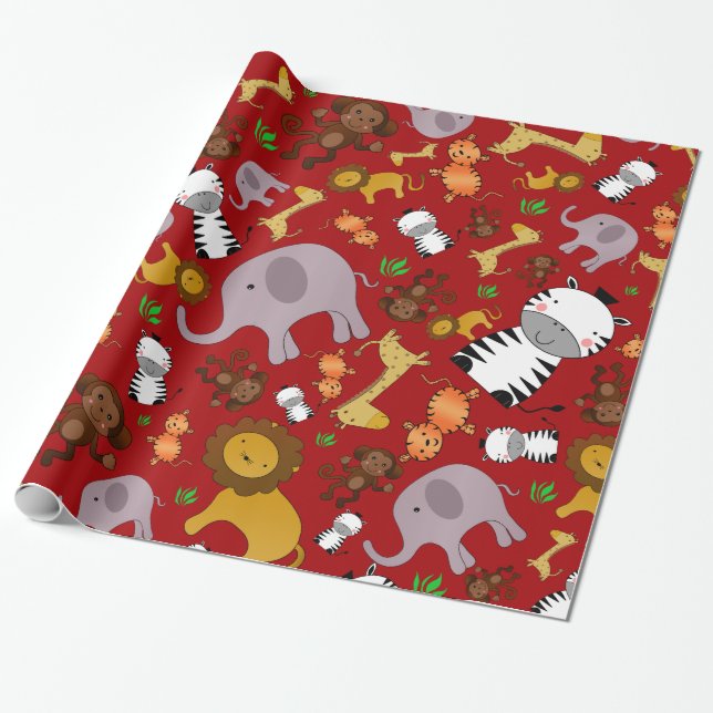Red jungle safari animals wrapping paper (Unrolled)