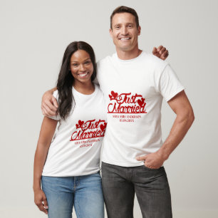 Red Just Married Typography Couple Custom Name T-Shirt