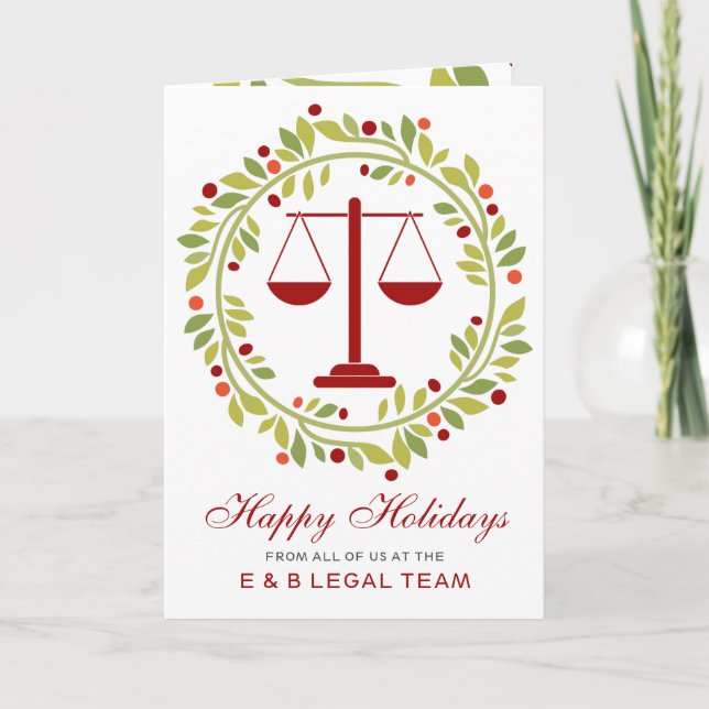 Red Justice Scale Holly Wreath Lawyer Christmas Holiday Card (Front)