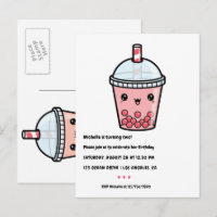 Red Kawaii Bubble Tea Birthday Party Postcard