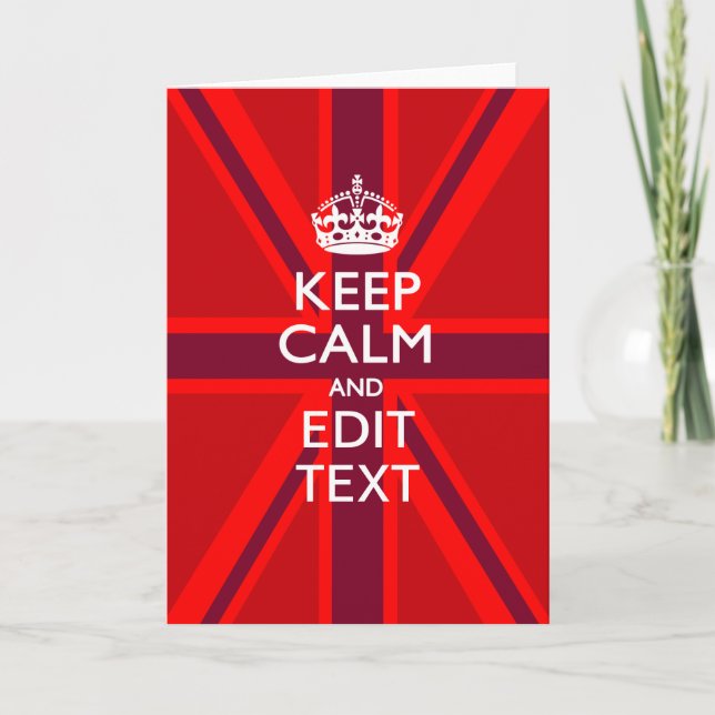 Red Keep Calm And Your Text on Union Jack Flag Card (Front)