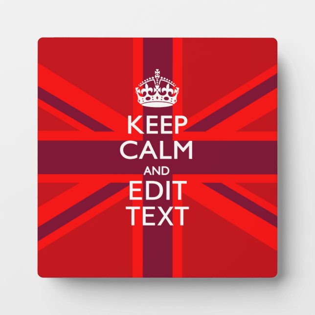 Red Keep Calm Have Your Text on Union Jack Flag Plaque (Front)