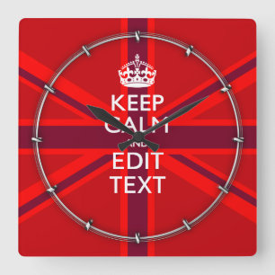 Red Keep Calm Have Your Text on Union Jack Flag Square Wall Clock