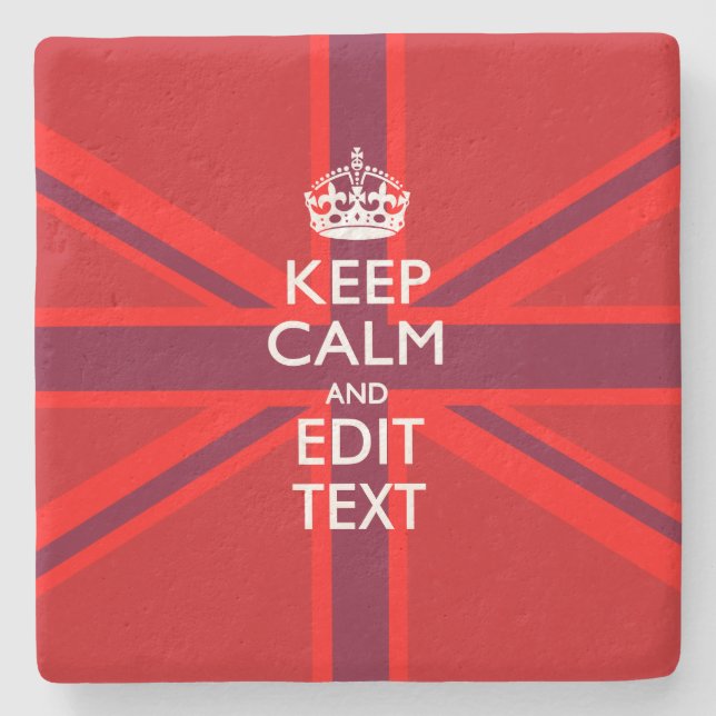 Red Keep Calm Have Your Text on Union Jack Flag Stone Coaster (Front)