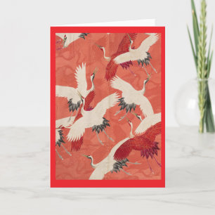 Red Kimono Flying Cranes Customisable Gold Thank You Card