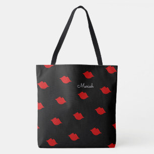 red kisses with your name on black tote bag