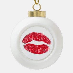 Red Kissing Lips Ceramic Ball Christmas Ornament