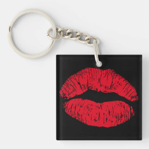Red Kissing Lips on Black Key Ring