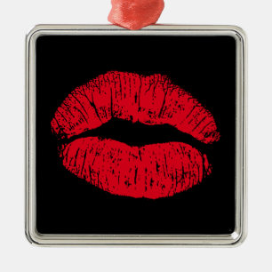 Red Kissing Lips on Black Metal Ornament