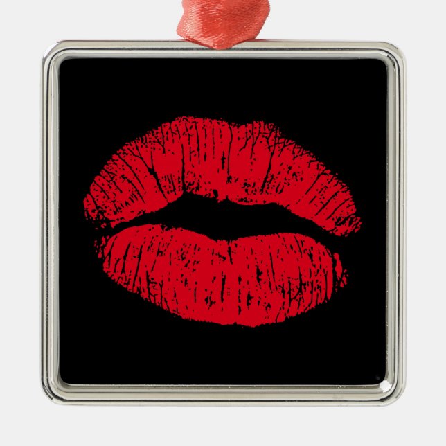 Red Kissing Lips on Black Metal Ornament (Front)