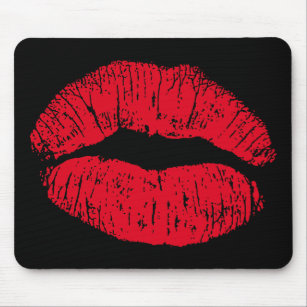 Red Kissing Lips on Black Mouse Pad