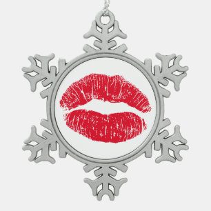Red Kissing Lips Snowflake Pewter Christmas Ornament