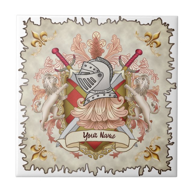 Red Knight Family Crest Surname Ceramic Tile (Front)