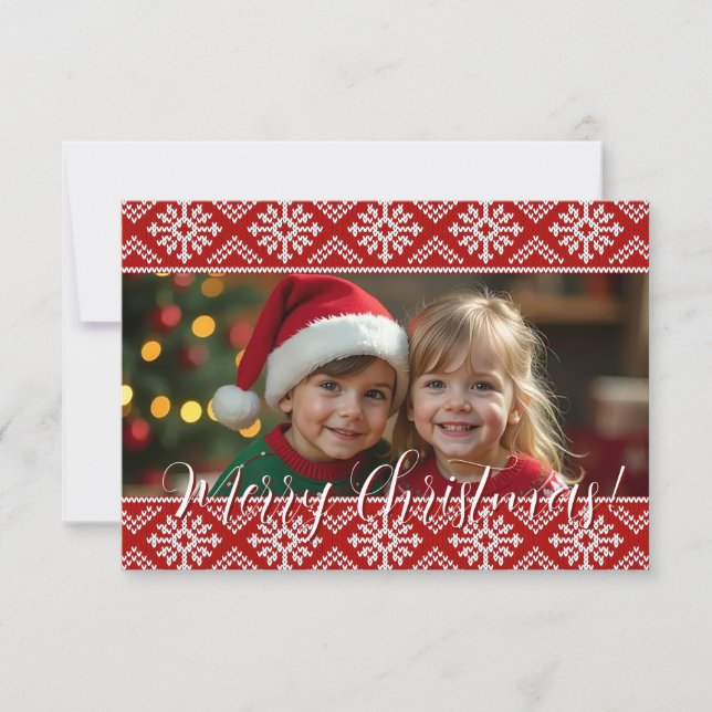Red Knit Snowflake Pattern Border Christmas Card (Front)