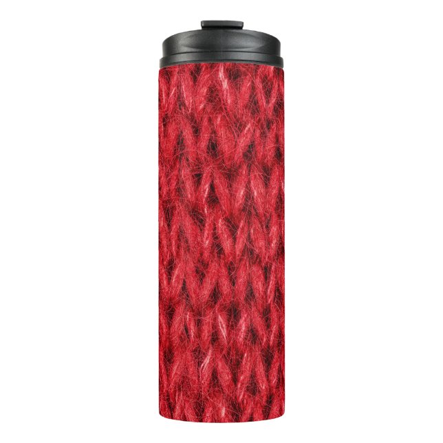 Red knitting wool texture background. thermal tumbler (Front)