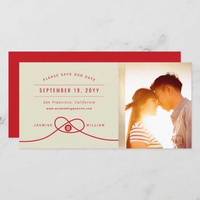 Red Knot Double Happiness Chinese Wedding Photo Save The Date (Front/Back)