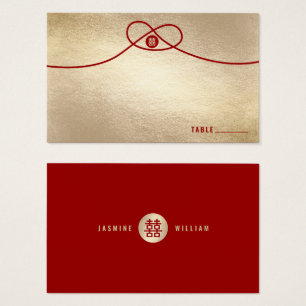 Red Knot Double Happiness Gold Wedding Place Card