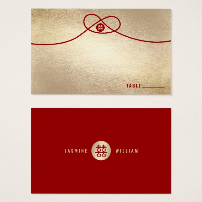 Red Knot Double Happiness Gold Wedding Place Card (Front & Back)