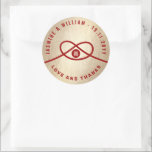 Red Knot Union Double Happiness Chinese Wedding Classic Round Sticker<br><div class="desc">Modern minimalist double happiness knot of union, love and marriage in deep red and faux gold foil, 'love and thanks', wedding party favour sticker / envelope seal. The double happiness is a classic, traditional and auspicious symbol used in all chinese, oriental and asian weddings. The base background can be changed...</div>