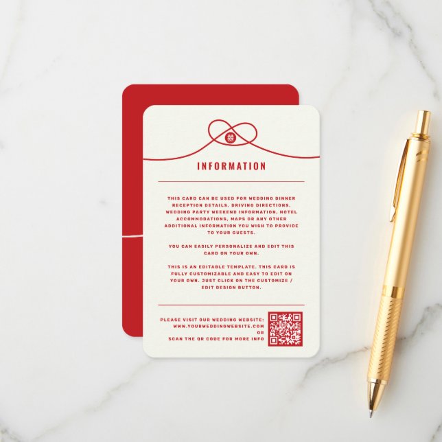Red Knot Union Double Happiness Chinese Wedding Enclosure Card (Front/Back In Situ)