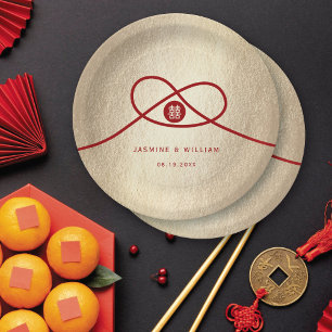 Red Knot Union Double Happiness Chinese Wedding Paper Plate