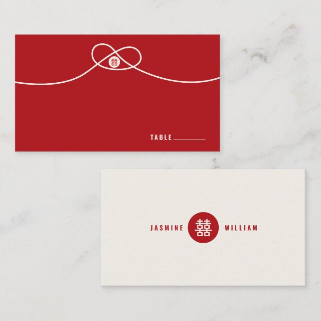 Red Knot Union Double Happiness Chinese Wedding Place Card (Front/Back)
