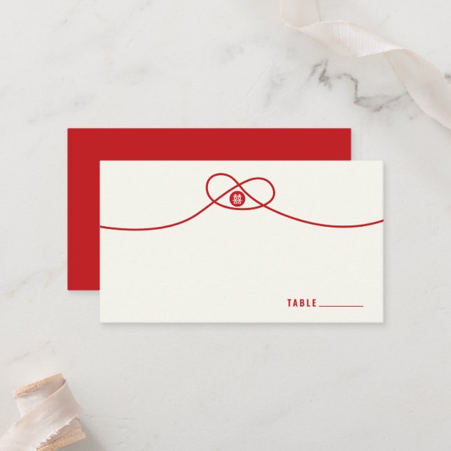 Red Knot Union Double Happiness Chinese Wedding Place Card (Front/Back In Situ)