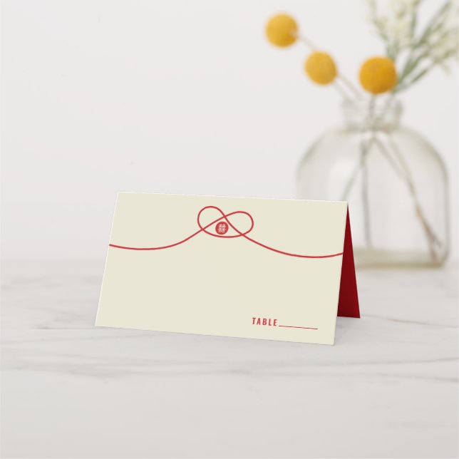 Red Knot Union Double Happiness Chinese Wedding Place Card (Front)