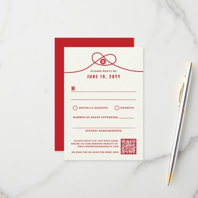 Red Knot Union Double Happiness Chinese Wedding RSVP Card (Front/Back In Situ)