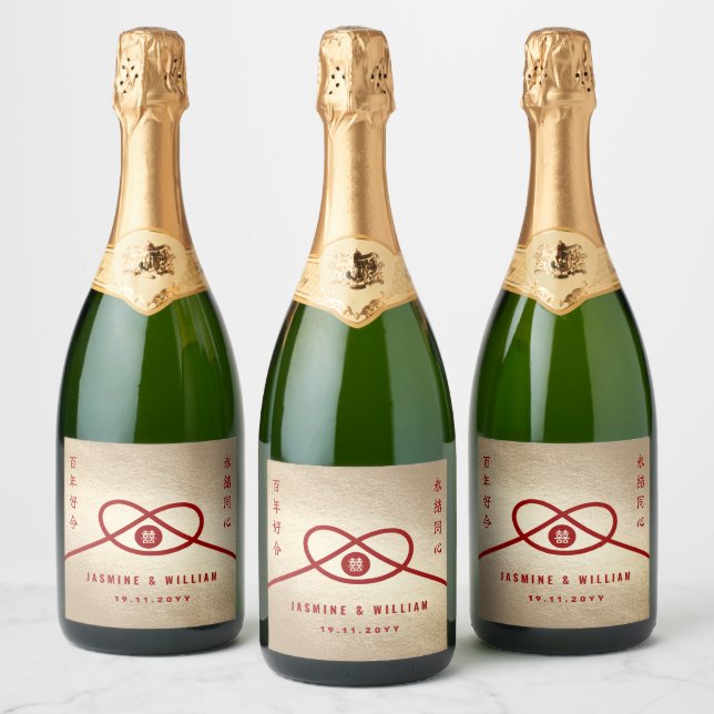 Red Knot Union Double Happiness Chinese Wedding Sparkling Wine Label (Bottles)