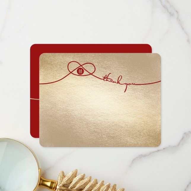 Red Knot Union Double Happiness Chinese Wedding Thank You Card (Front/Back In Situ)