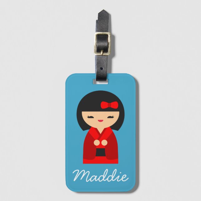 Red Kokeshi Japanese dolls Luggage Tag (Front Vertical)