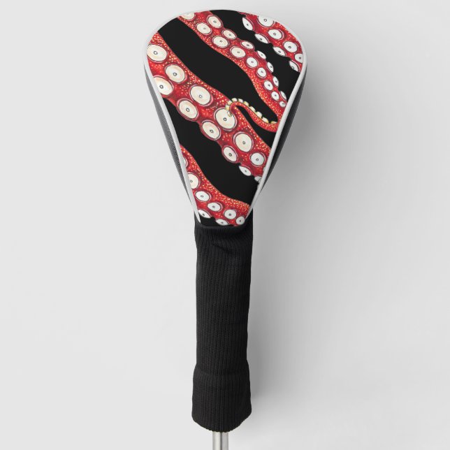 Red Kraken Octopus Tentacles Black Golf Head Cover (Front)
