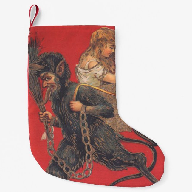 Red Krampus Kidnapping Praying Girl Small Christmas Stocking (Front)
