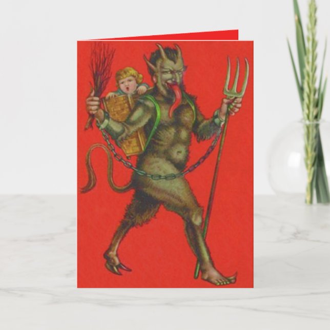 Red Krampus Pitchfork Switch Kidnapping Child Holiday Card (Front)