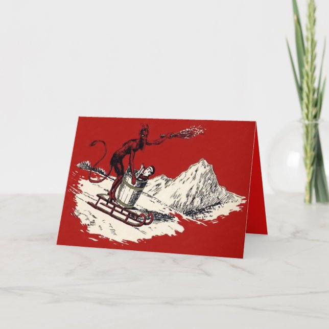 Red Krampus Sleigh Mountain Switch Kidnapped Holiday Card (Front)