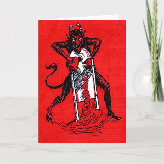 Red Krampus Slicing Heart Holiday Card (Front)