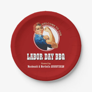 Red LABOR DAY BBQ Rosie Riveter Paper Plate