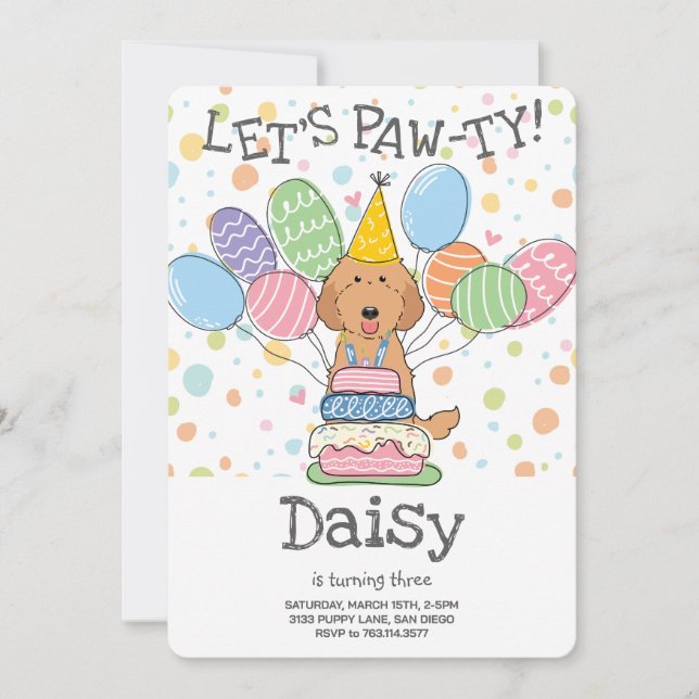 Red Labradoodle Dog Birthday Party Invitation (Front)