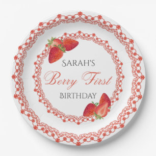 Red Lace Berry First Birthday Paper Plate