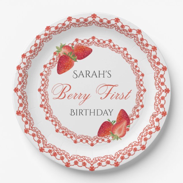 Red Lace Berry First Birthday Paper Plate (Front)