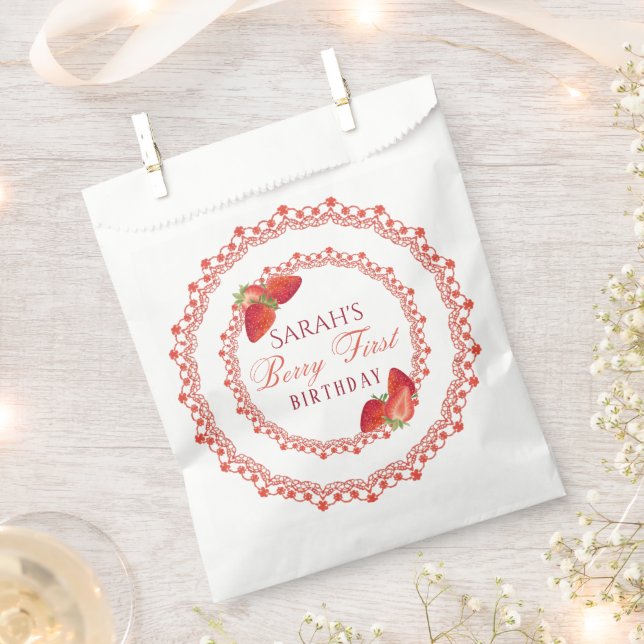 Red Lace Berry First Birthday Round Favour Bag (Clipped)