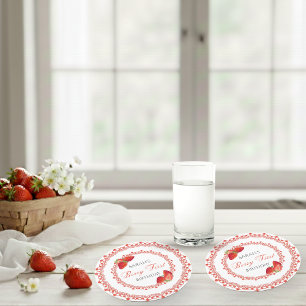 Red Lace Berry First Birthday Round Paper Coaster