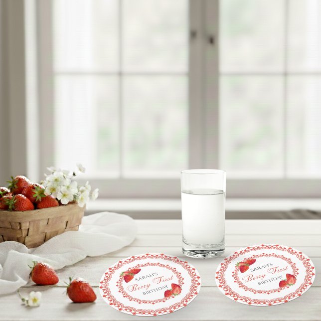 Red Lace Berry First Birthday Round Paper Coaster (Red Lace Berry First Birthday Round Paper Coaster)
