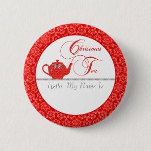 Red Lace Christmas Tea Name 6 Cm Round Badge